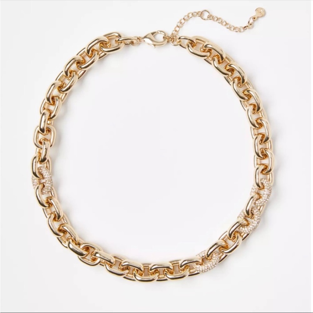 🆕 LOFT Pave Crystal Rhinestone Curb Link Chunky Chain Gold Collar Necklace